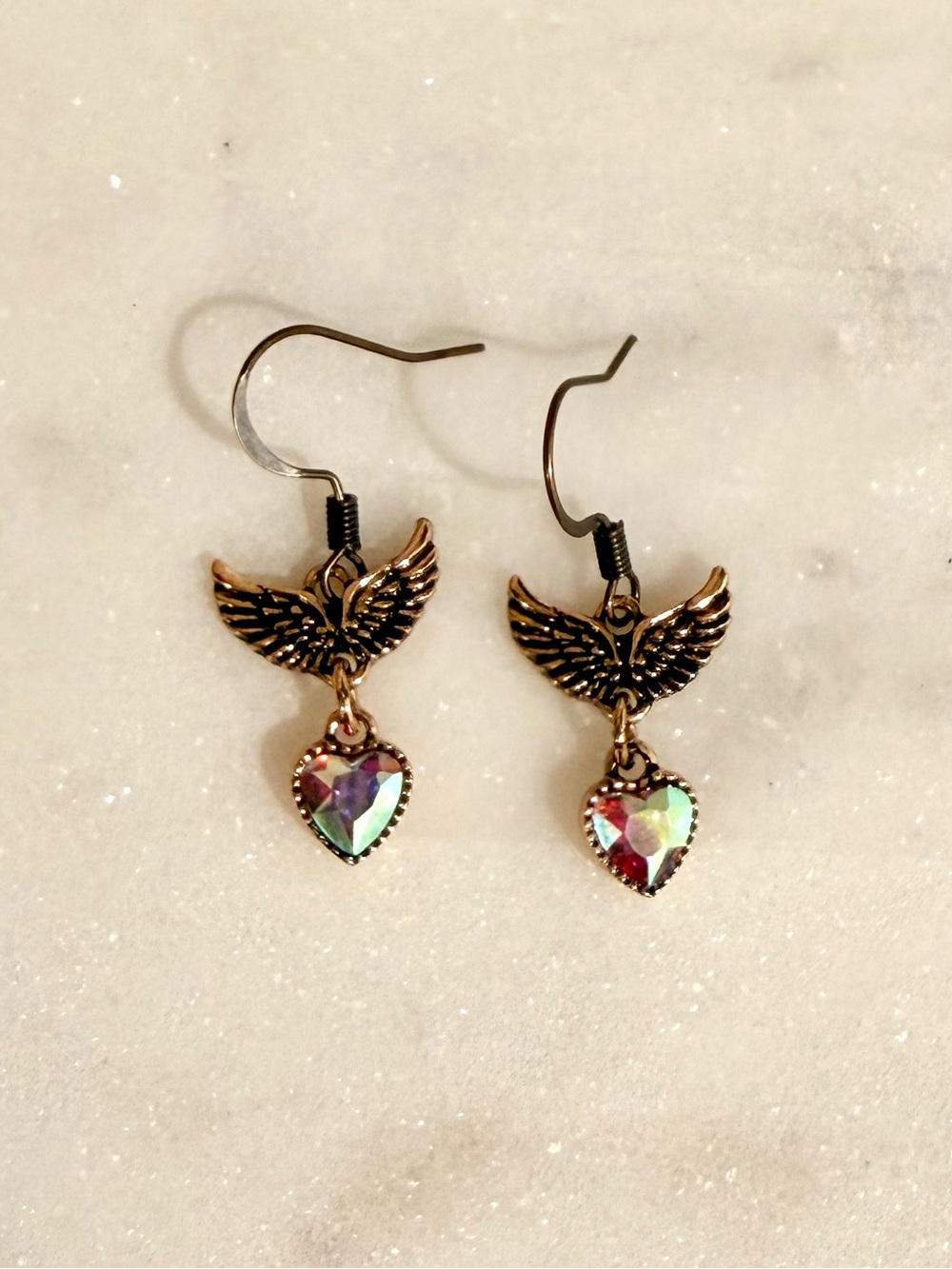 Handmade Iridescent Heart Wing Drop Earrings